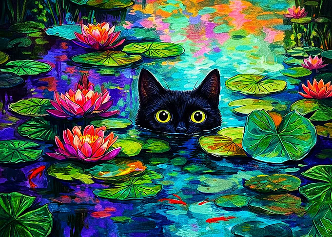 Black Cat in Vibrant Lily Pond