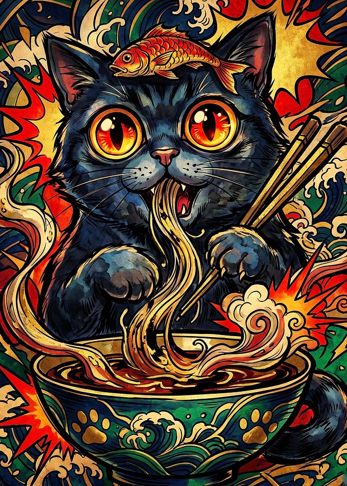Black Cat Eating Ramen Illustration