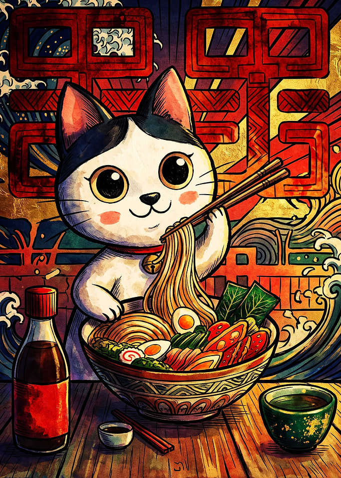 Cute Cat Eating Ramen Illustration