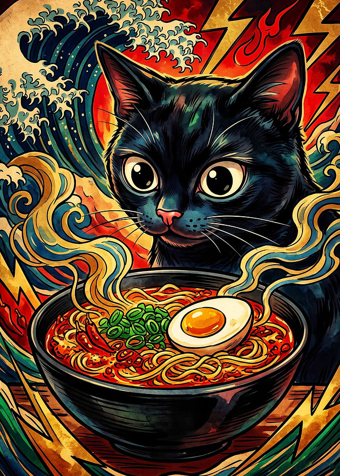 Black Cat Eating Spicy Ramen