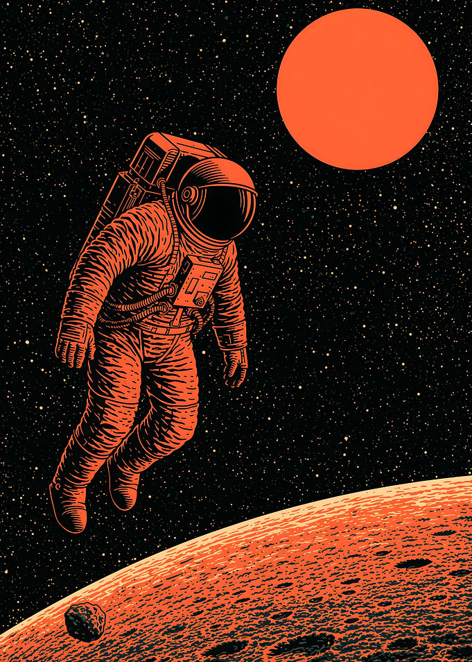Astronaut Floating Above Cratered Planet