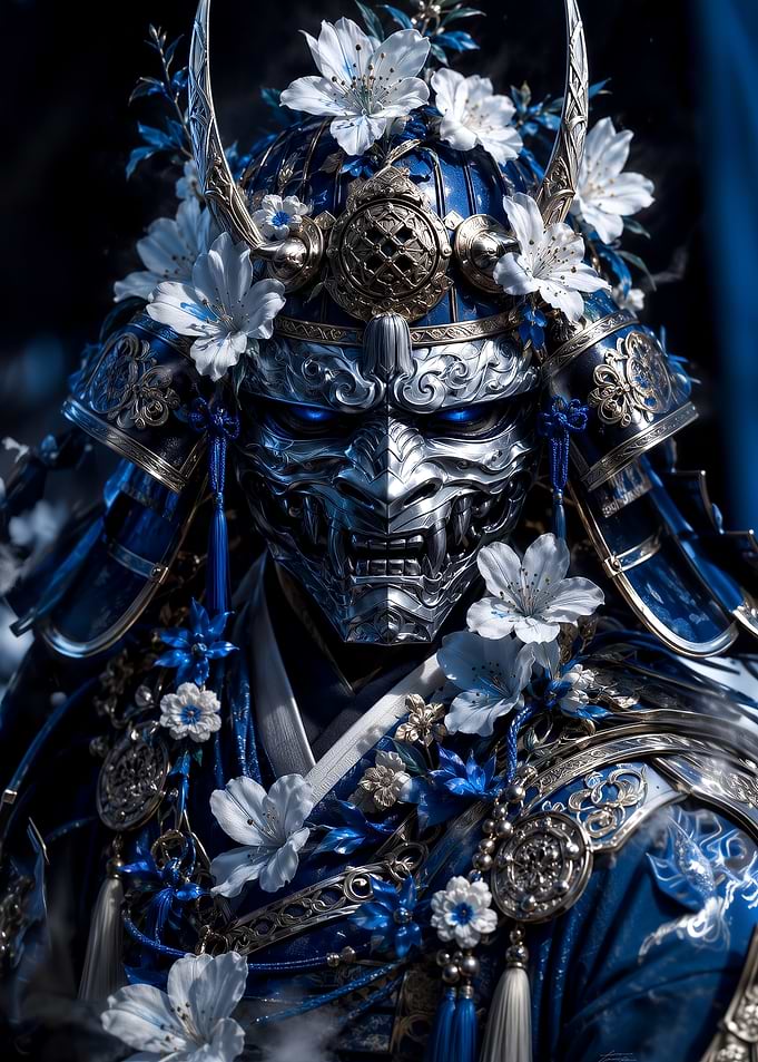 Blue Samurai Warrior with Cherry Blossoms