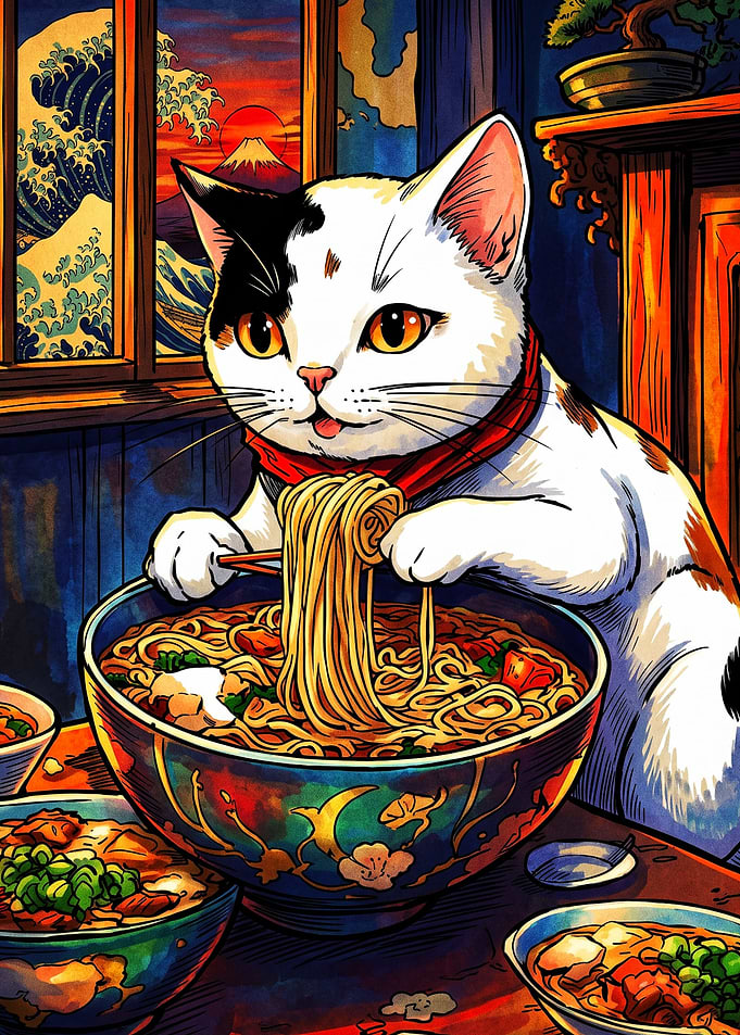 Cat Eating Ramen Japanese Art Style