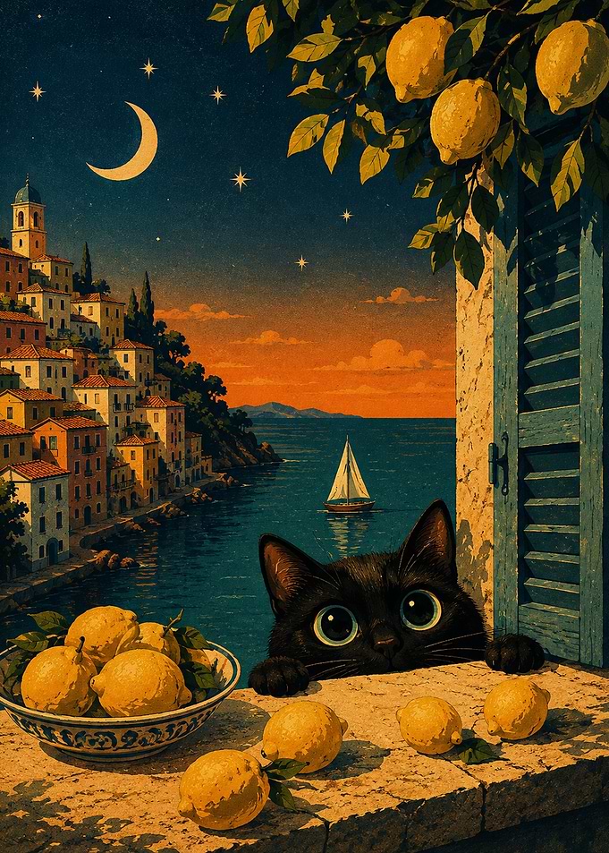 Black Cat Watching Coastal Sunset