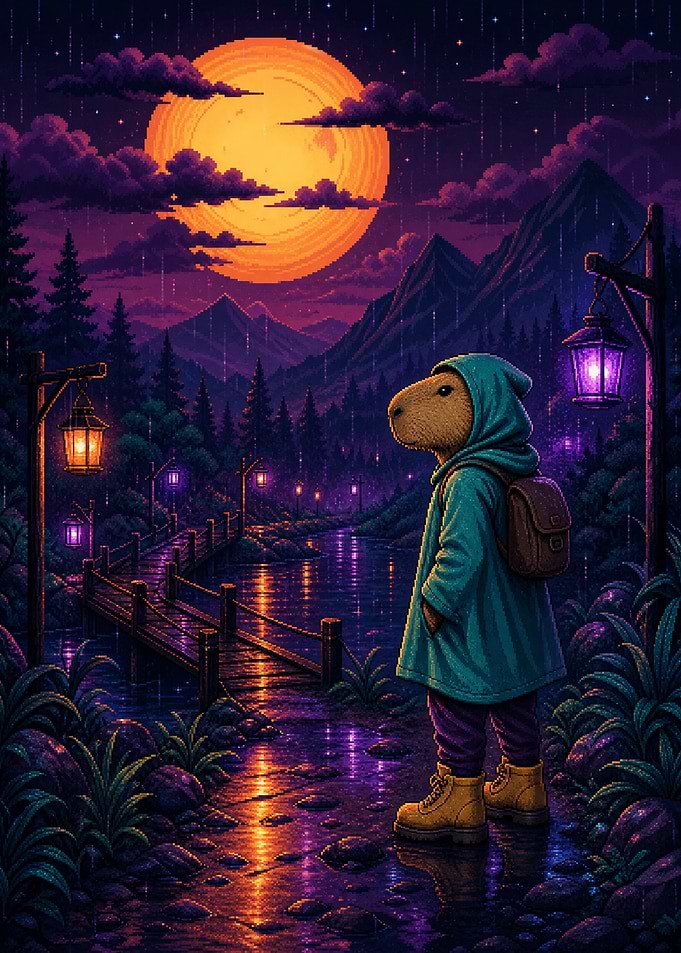 Capybara Traveler in Rainy Night