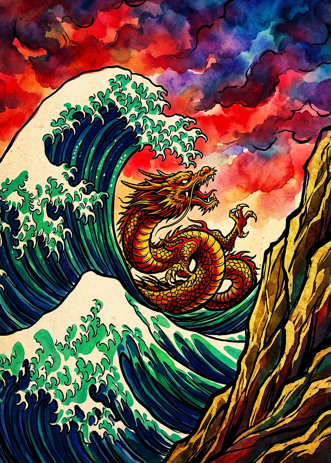 Golden Dragon in Great Wave