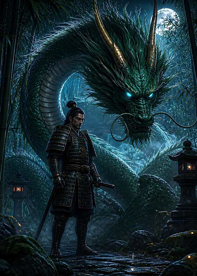 Samurai Standing Before Majestic Dragon