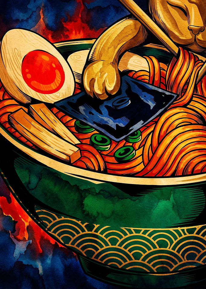 Lucky Cat Eating Ramen Bowl Illustration