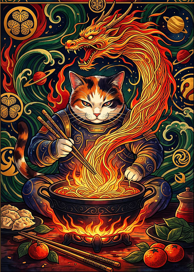 Calico Cat Eating Spicy Ramen