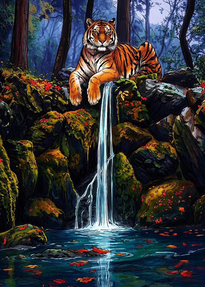 Majestic Tiger Resting by Waterfall