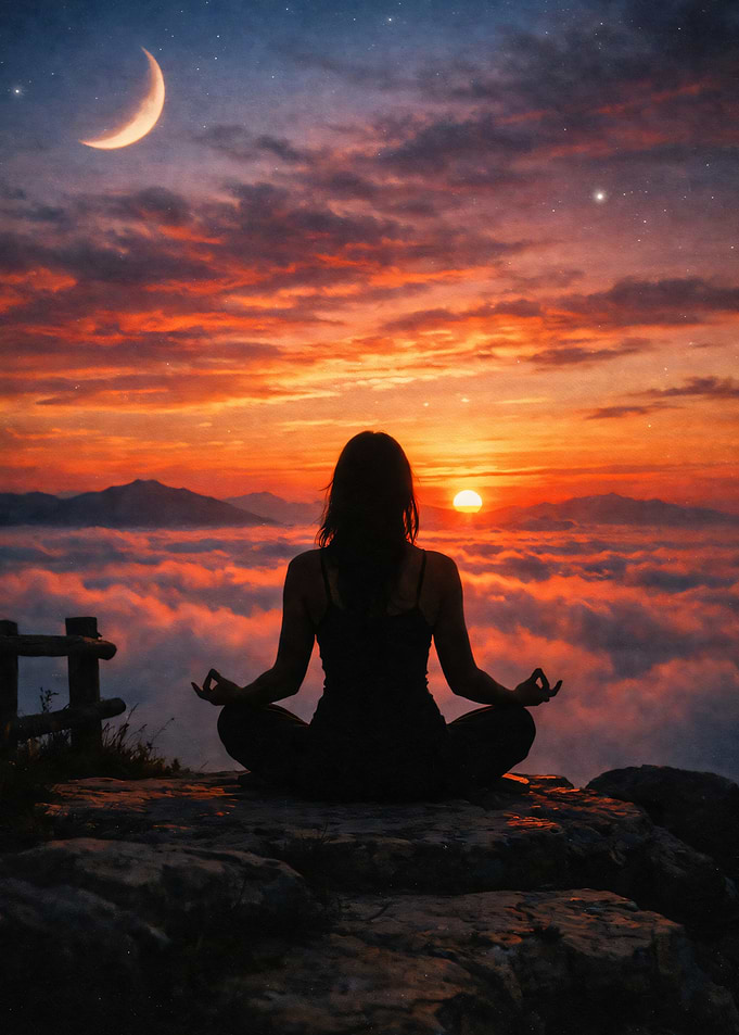Woman Meditating Above Clouds at Sunset