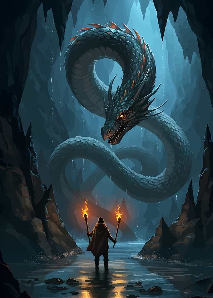 Adventurer Confronting a Cave Dragon