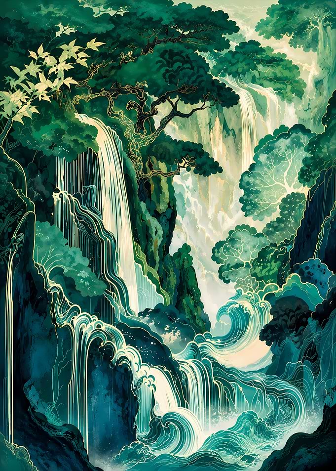 Enchanted Emerald Waterfall Forest Landscape