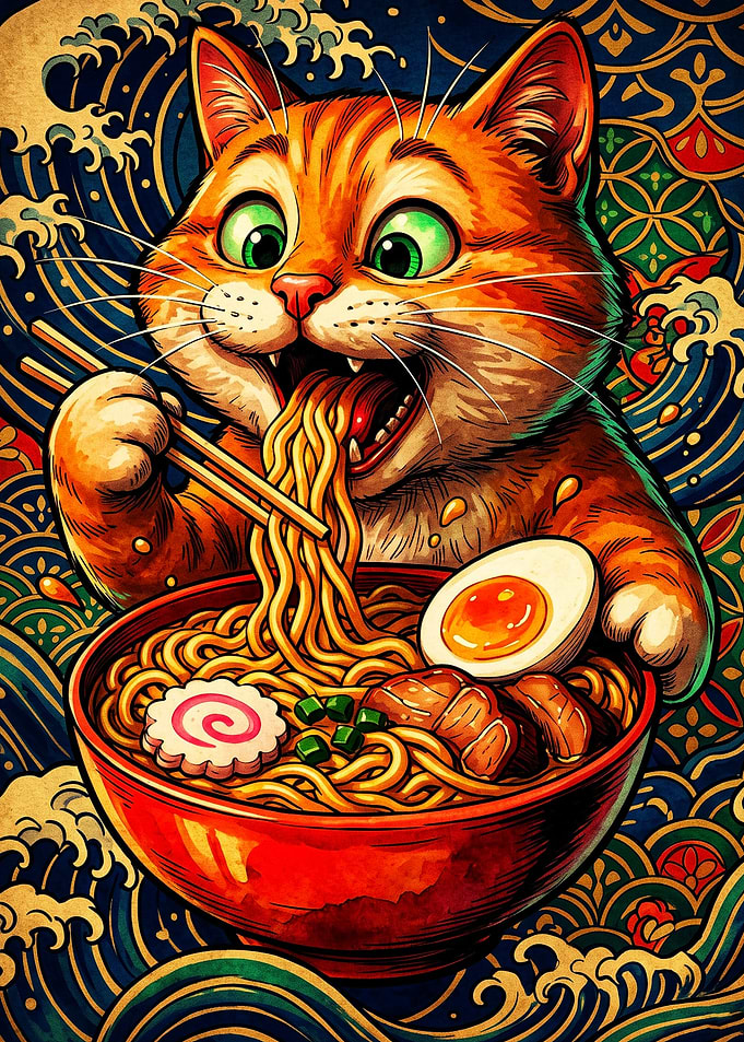Cute Cat Eating Ramen Noodles