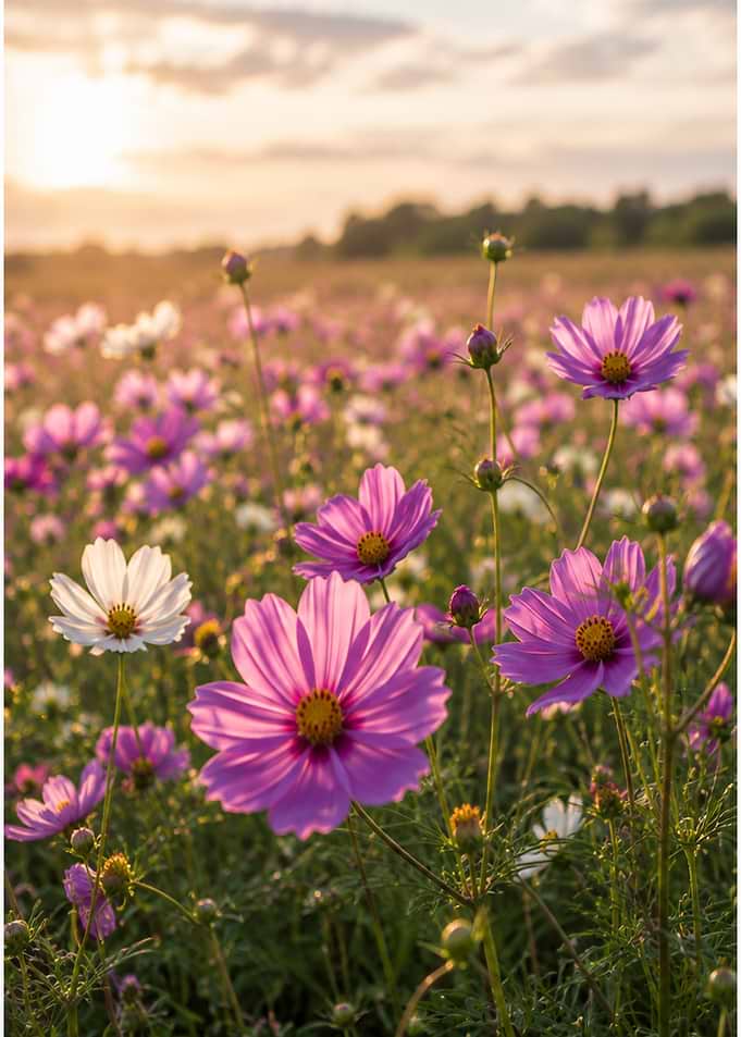 Cosmos Flowers in Golden Hour Light