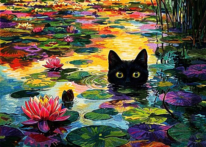 Black Cat in Colorful Lily Pond