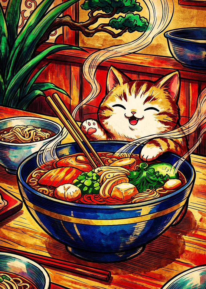 Happy Cat Eating Ramen Bowl
