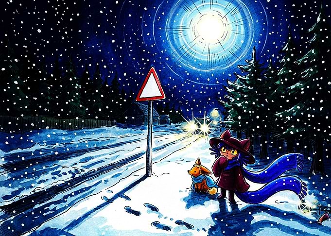 Niko and Rue in Snowy Night