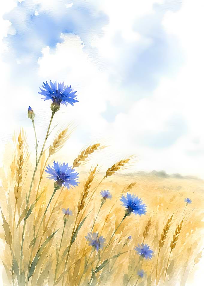 Watercolor Cornflowers and Wheat Field
