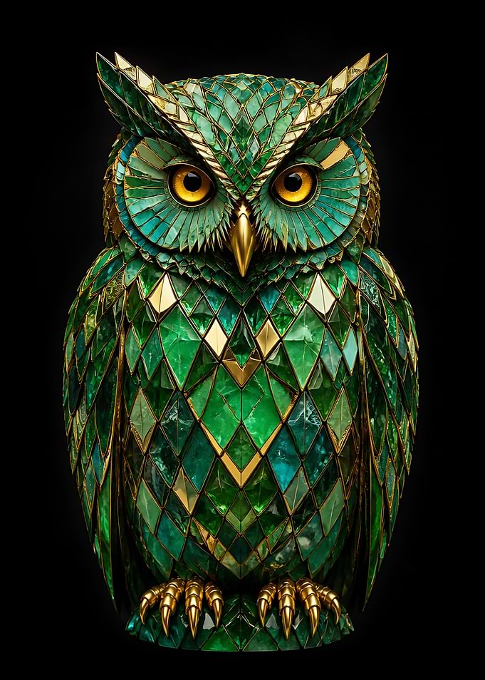 Jeweled Emerald and Gold Owl Statue