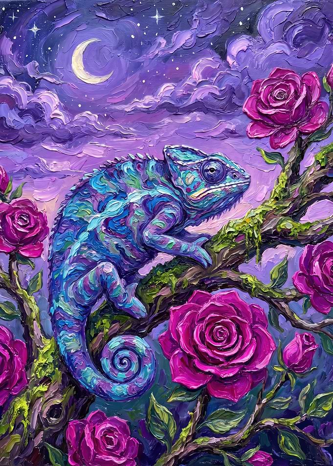 Chameleon on Rose Branch at Night