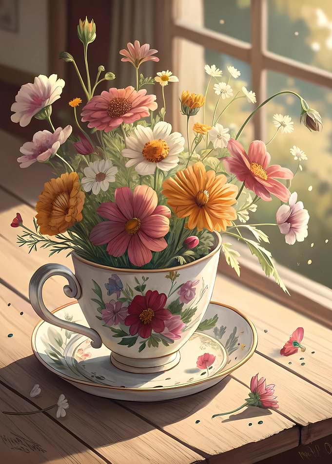 Floral Bouquet in Vintage Teacup