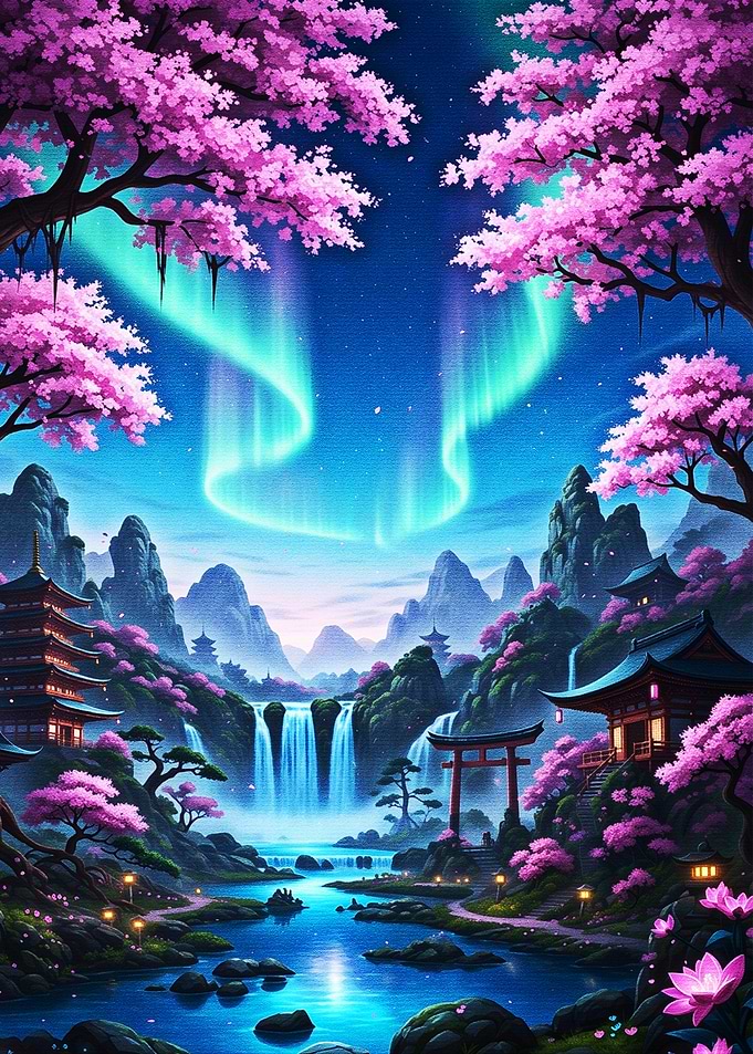 Cherry Blossom Temple Under Aurora