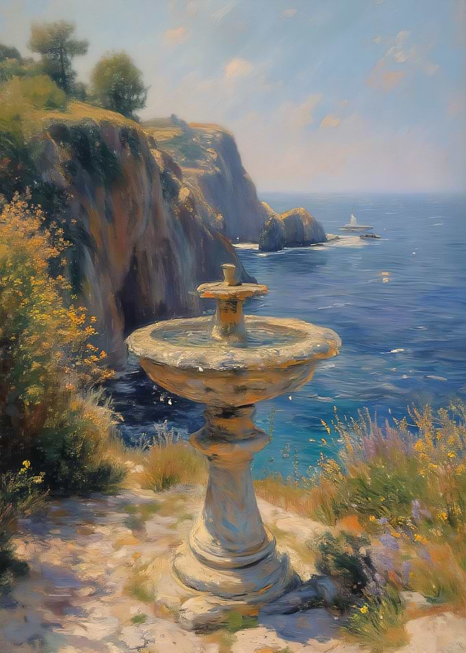 Stone Fountain Overlooking Mediterranean Coast