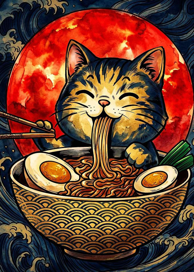 Cute Cat Eating Ramen Illustration