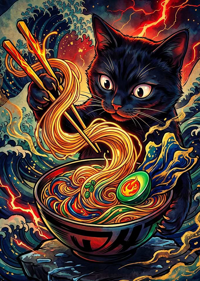 Black Cat Eating Ramen Art