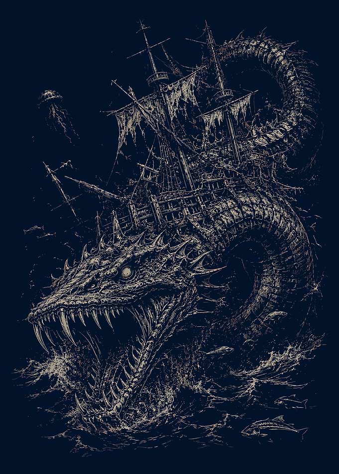 Sea Serpent Attacking Ghost Ship