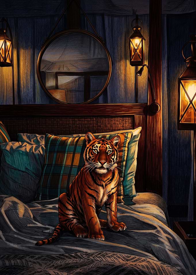 Tiger sitting on a cozy bed