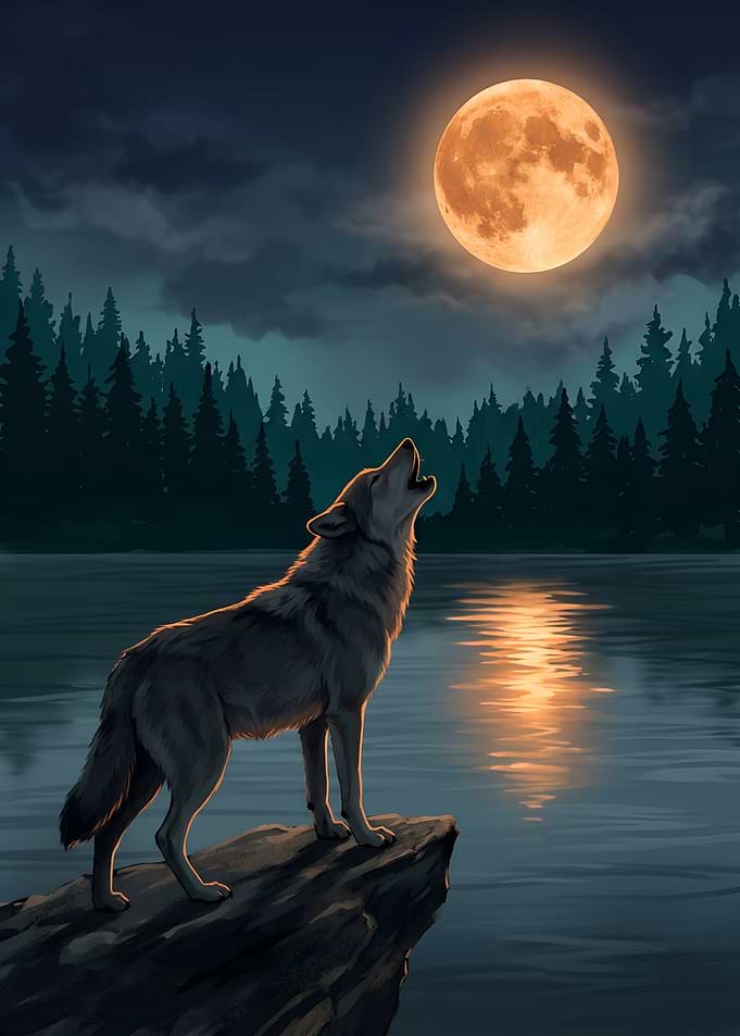 Wolf Howling at the Full Moon