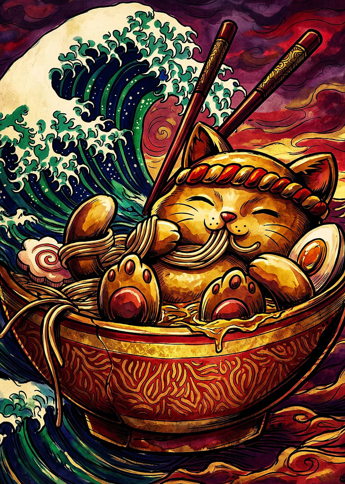 Cat Eating Ramen Great Wave Art