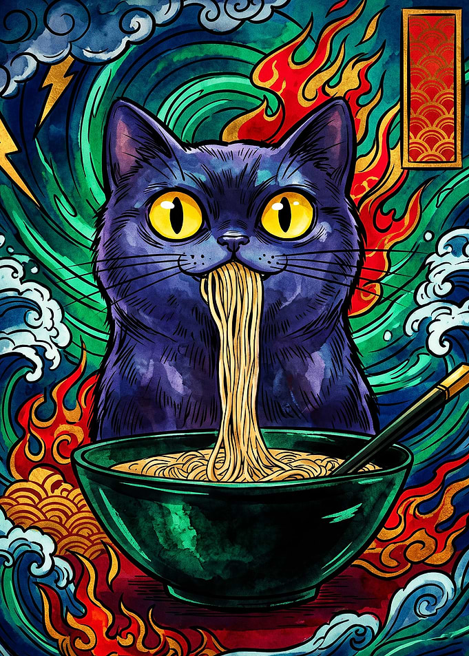 Black Cat Eating Ramen Illustration