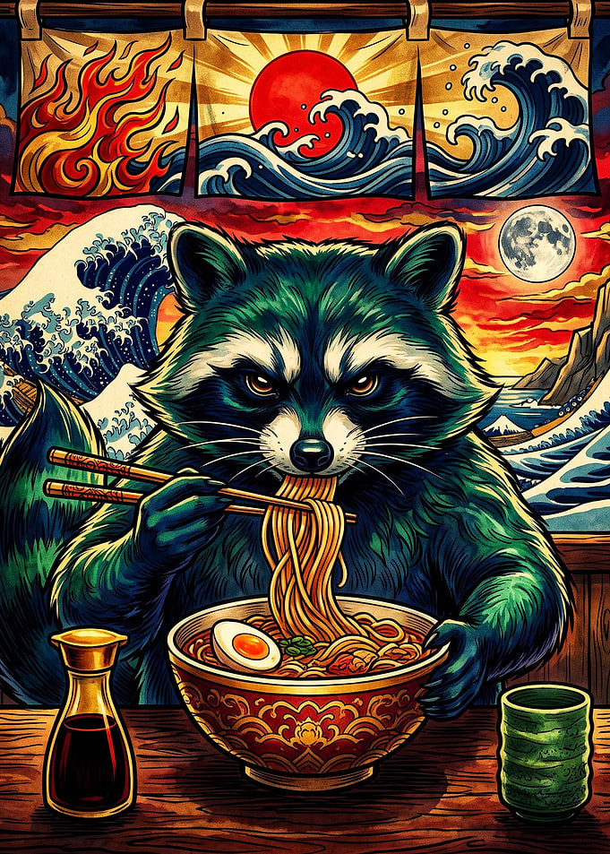 Raccoon Eating Ramen Japanese Style Art
