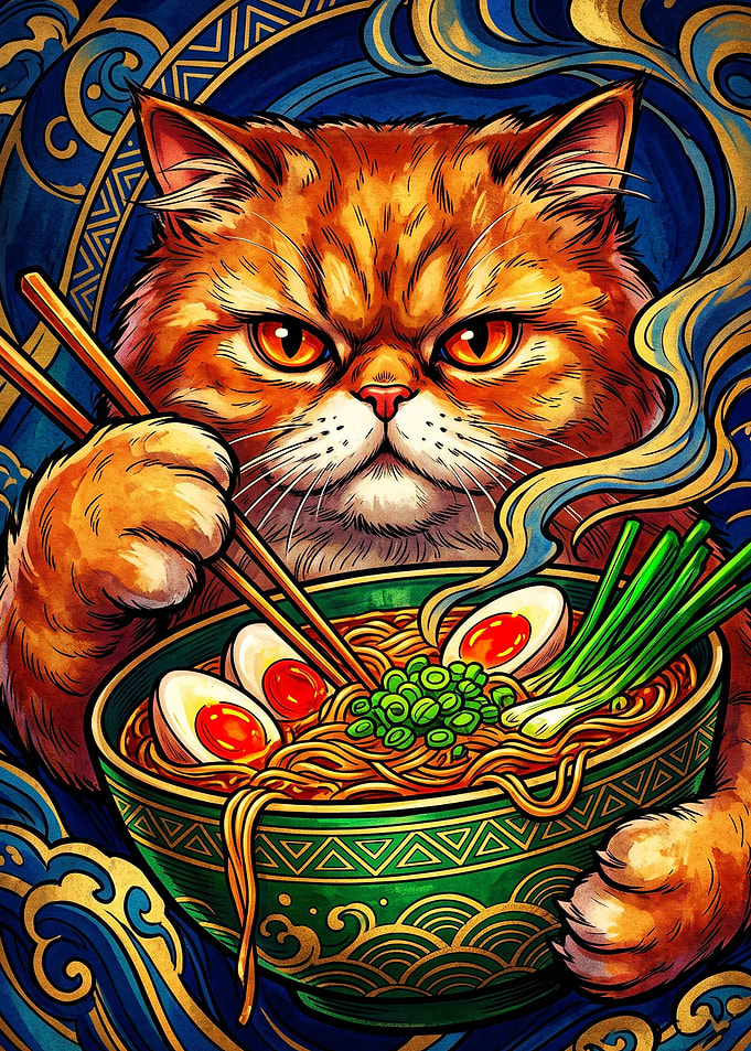 Orange Cat Eating Ramen Illustration