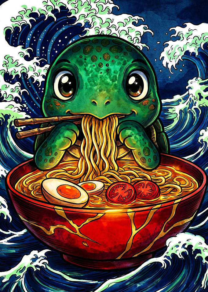 Cute Turtle Eating Ramen Illustration