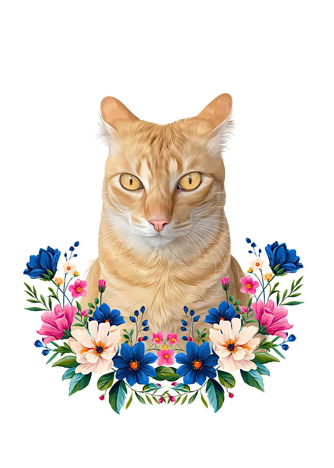 Orange Tabby Cat Floral Portrait