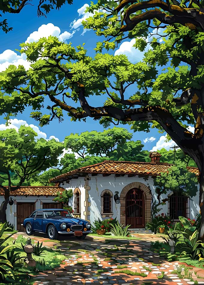 Classic Blue Car at Mediterranean Villa