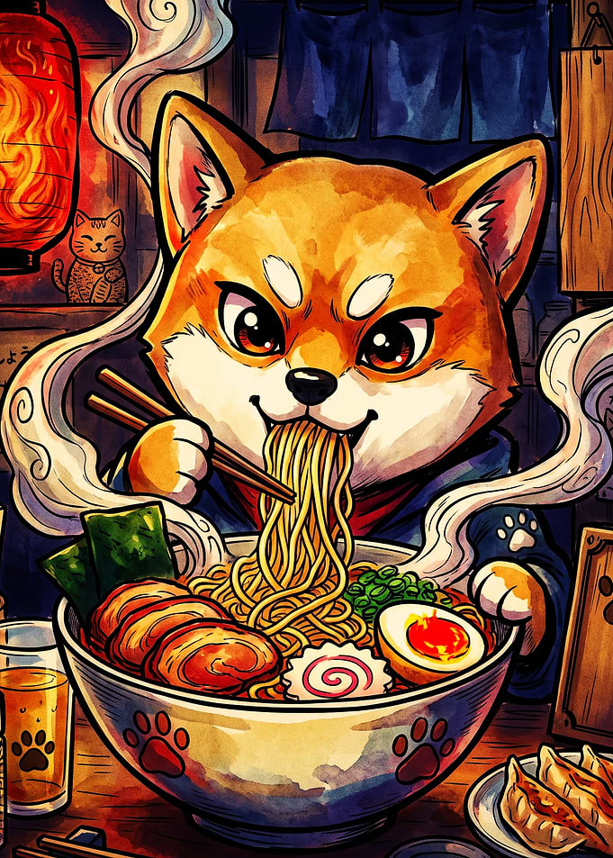 Shiba Inu Eating Ramen Illustration