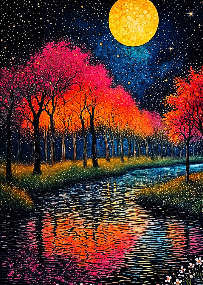 Vibrant Autumn Forest Under Full Moon