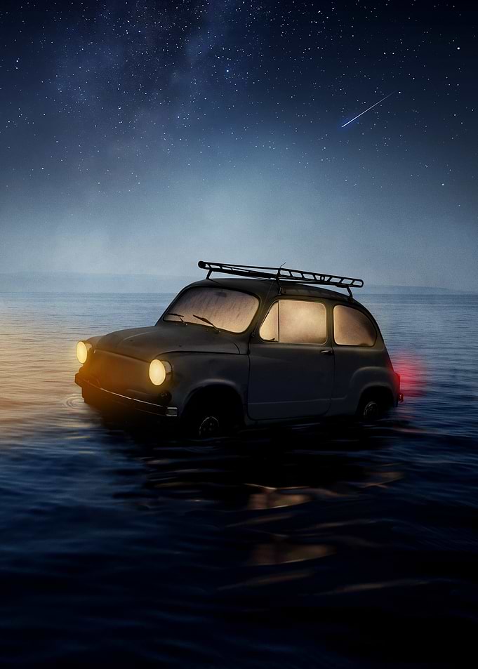 Vintage Car Floating on Water