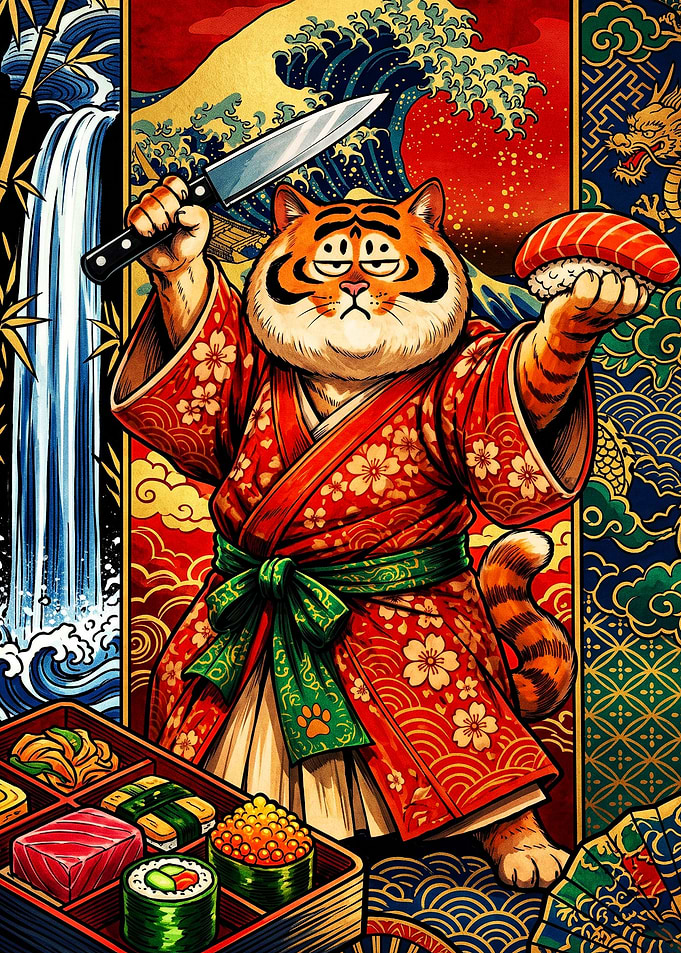 Tiger Chef Preparing Sushi Art