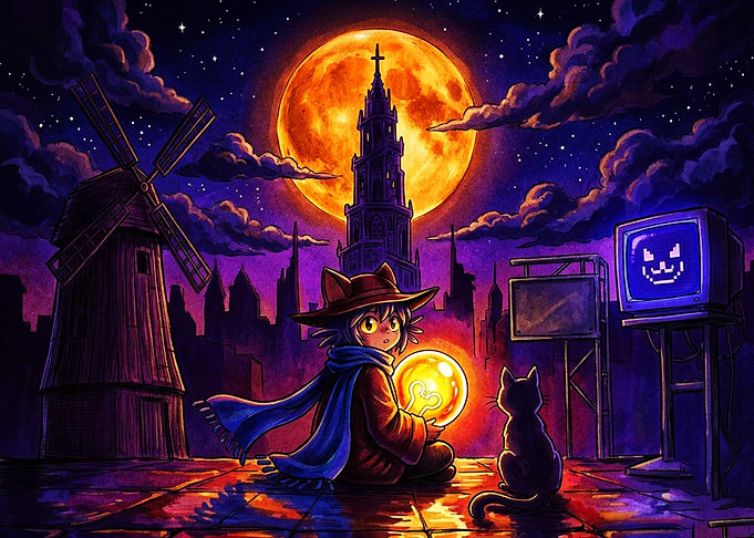 Niko from OneShot under moonlit sky