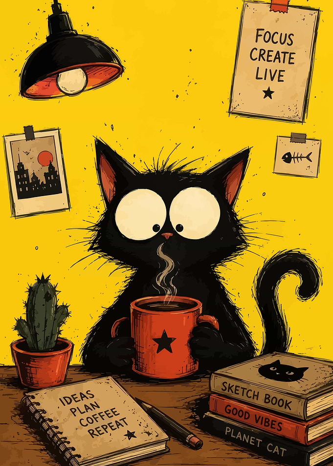 Cute Black Cat Drinking Coffee