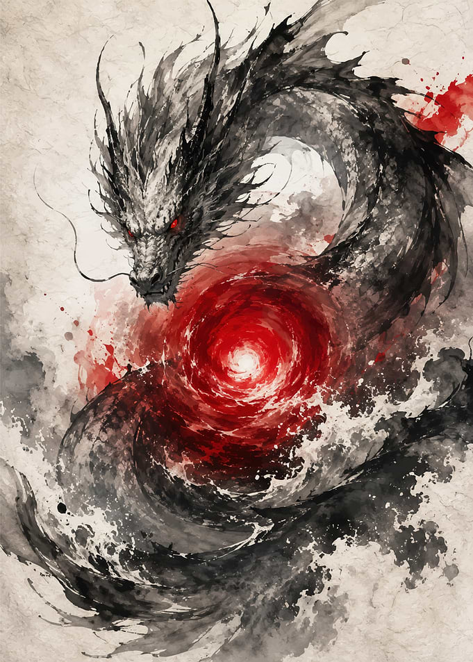 Ink Wash Style Dragon with Orb