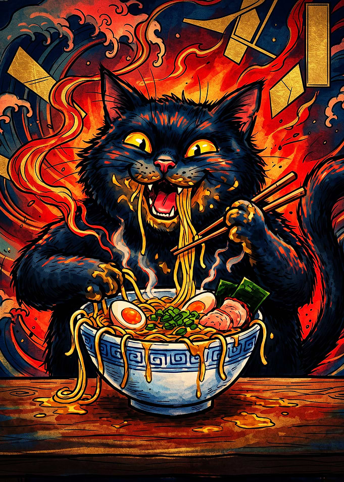 Black Cat Eating Spicy Ramen
