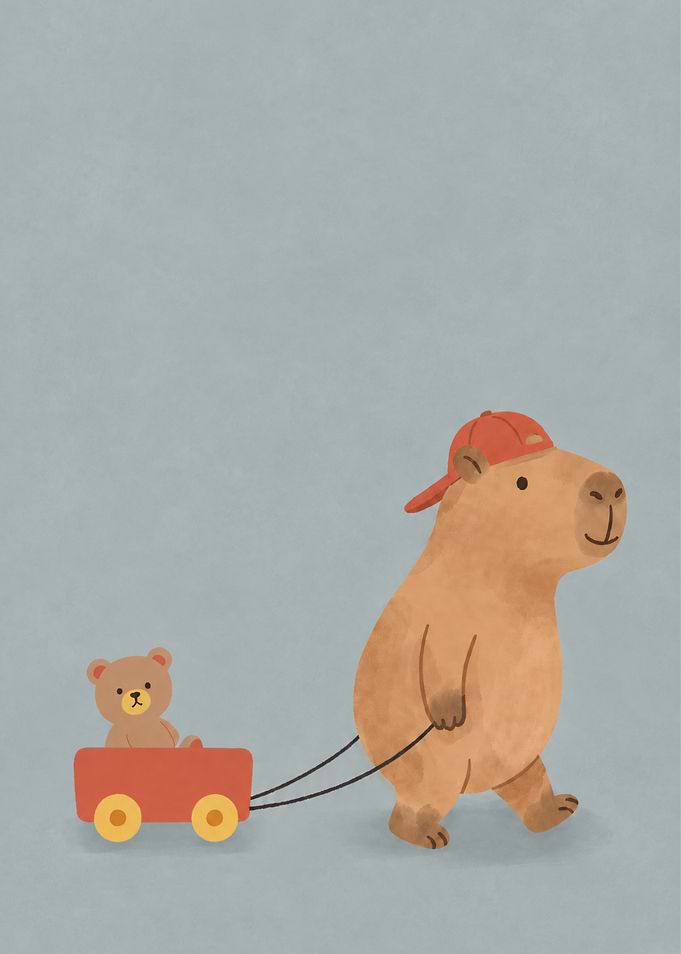 Capybara pulling a teddy bear wagon