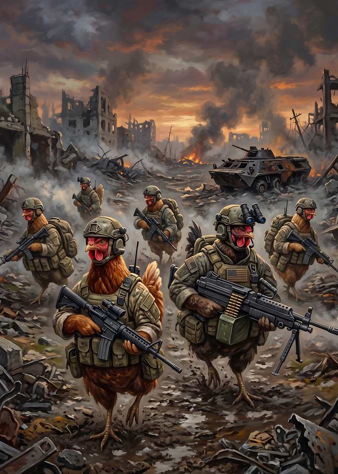 Armed Chicken Soldiers in War Zone